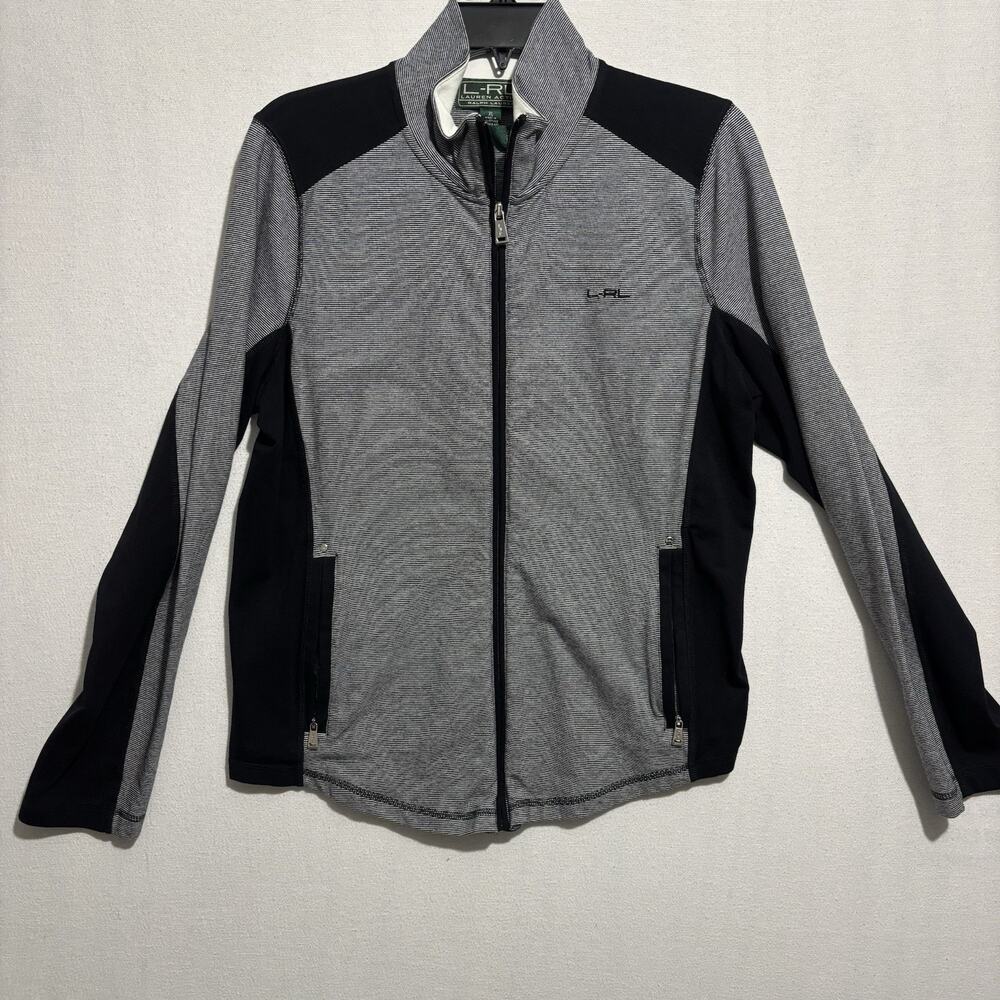 Lauren Ralph Lauren Active Top Women's XL Black White Stripe Full Zip Yoga Gym